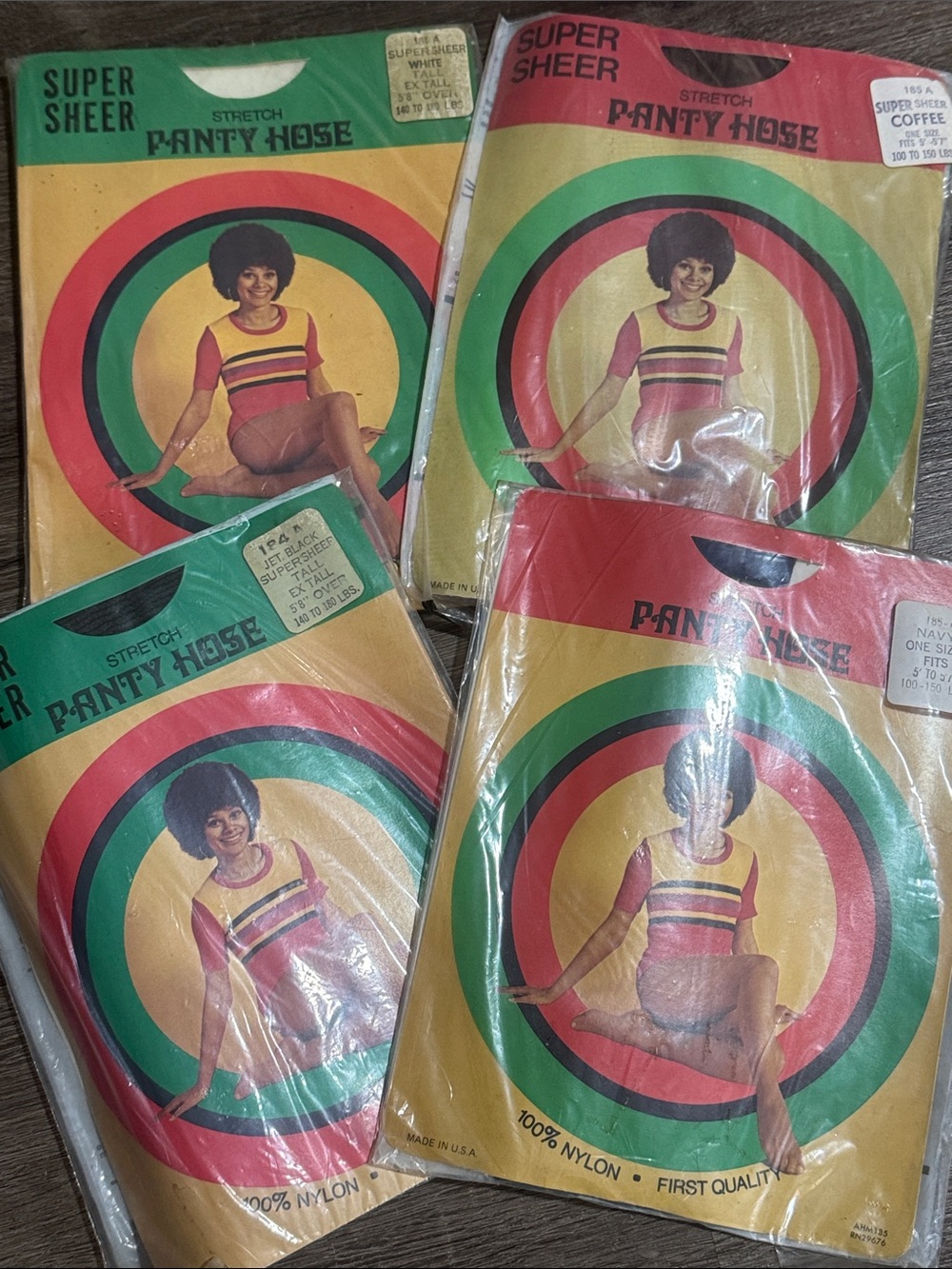 Vintage Panty Hose Packaging — Red, Green, Yellow, Black